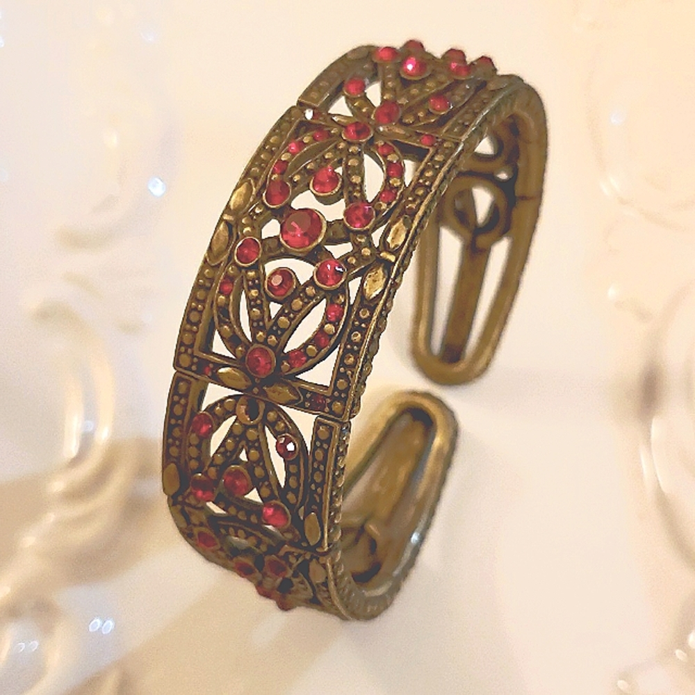 Vintage Monet Victorian Red Rhinestone Hinged Bronze Bracelet